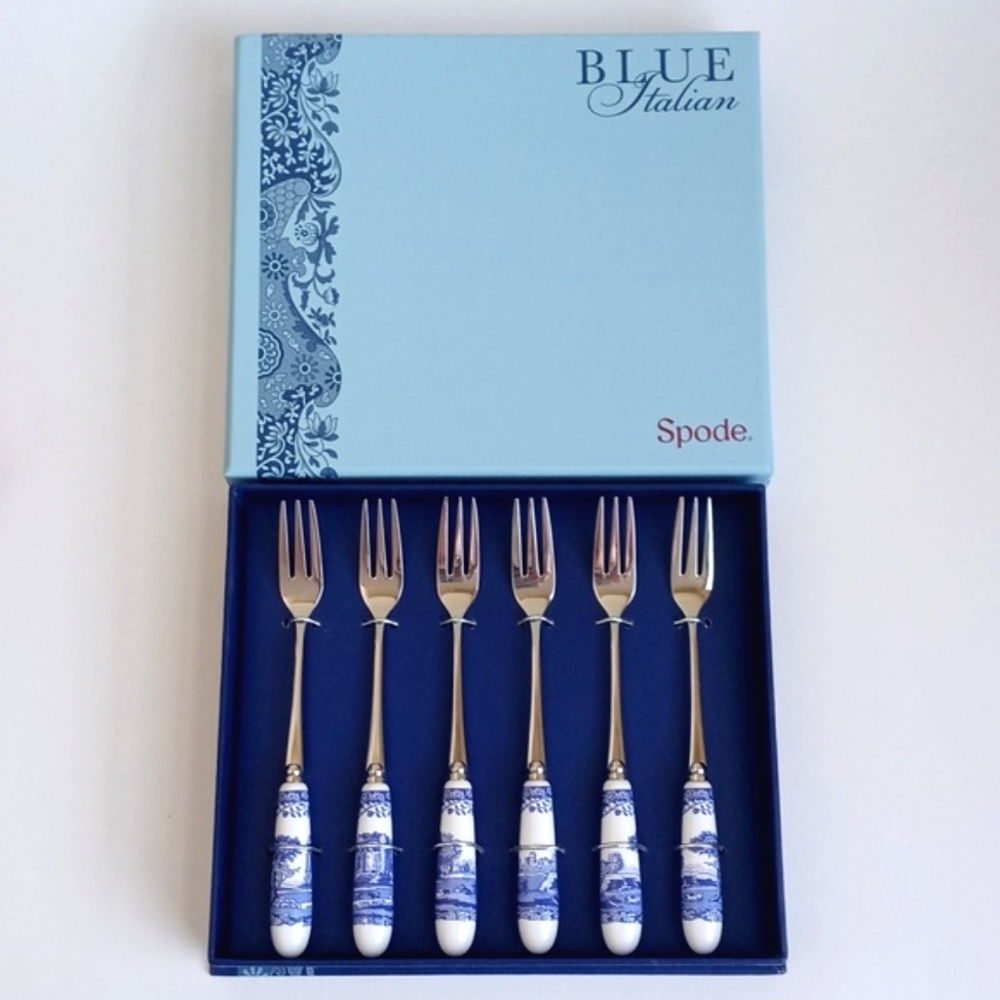 NIB Spode Blue Italian Silver & Floral Landscape Pastry Serving Forks Set Of 6 - Picture 11 of 13